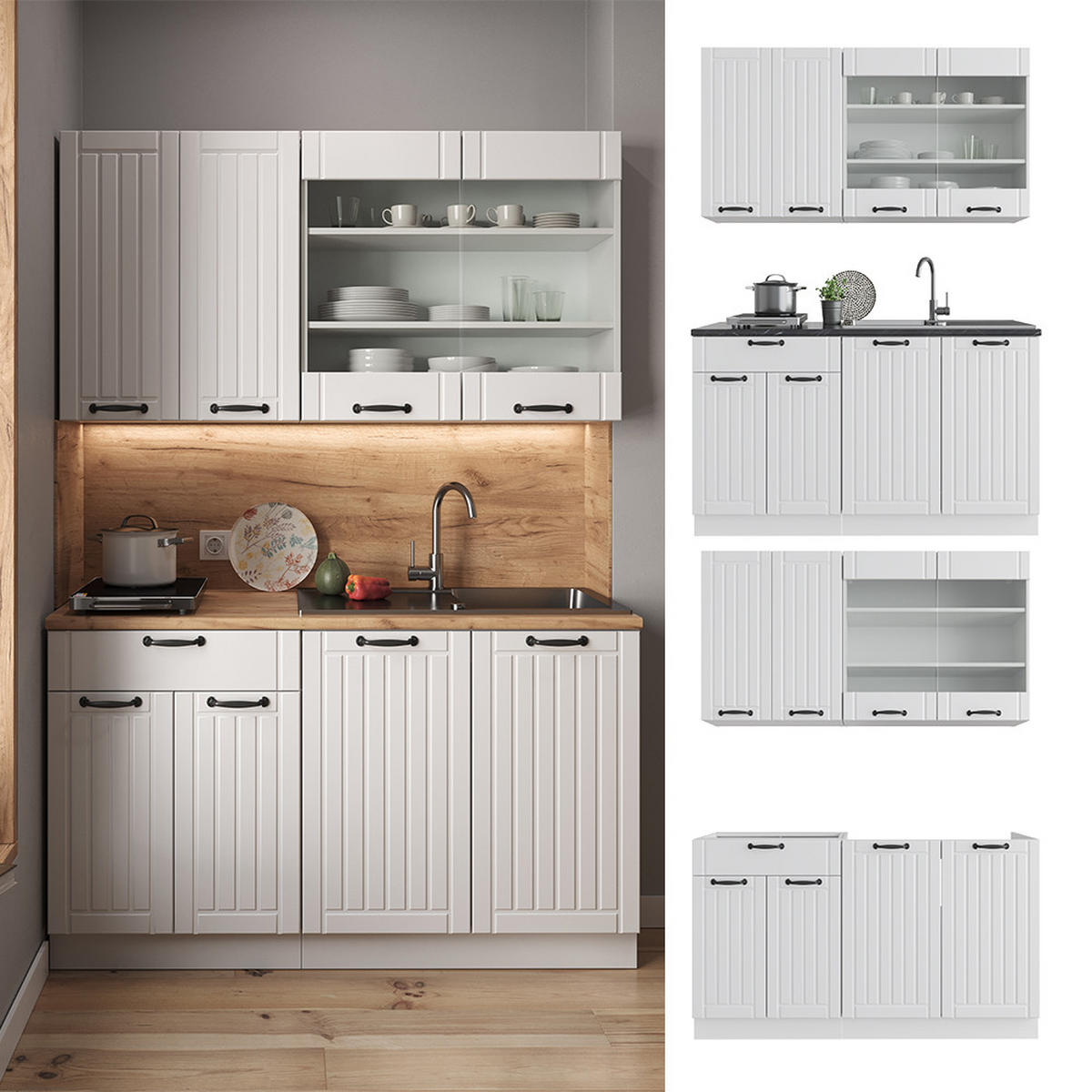 SINGLEKÜCHE Fame-Line Weiß Landhaus/Weiß 140 cm, AP Anthrazit - Creme/Weiß, Holzwerkstoff (140/81.6/60cm) - Vicco