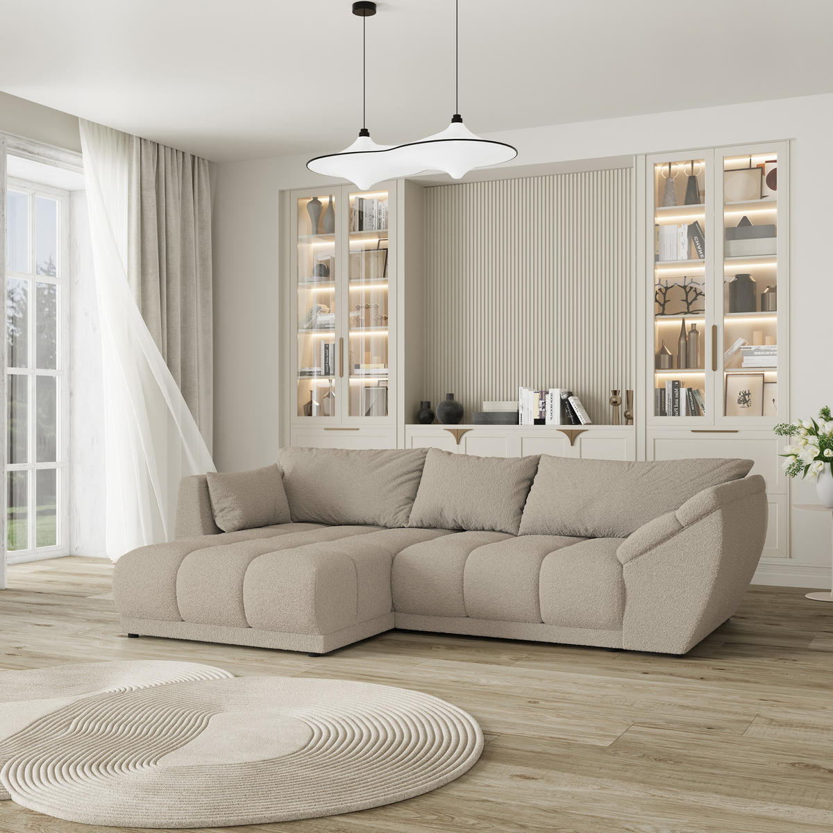 ECKSOFA ORENTI L-S Beige Boucle-Stoff mit Schlaffunktion - Beige, Holz (287/182cm) - MASSENO