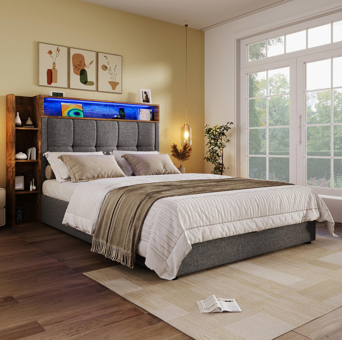 POLSTERBETT mit Stauraum, USB und LED 90x200 cm Leinen Grau - Grau, Metall (90/200cm) - Meubliv