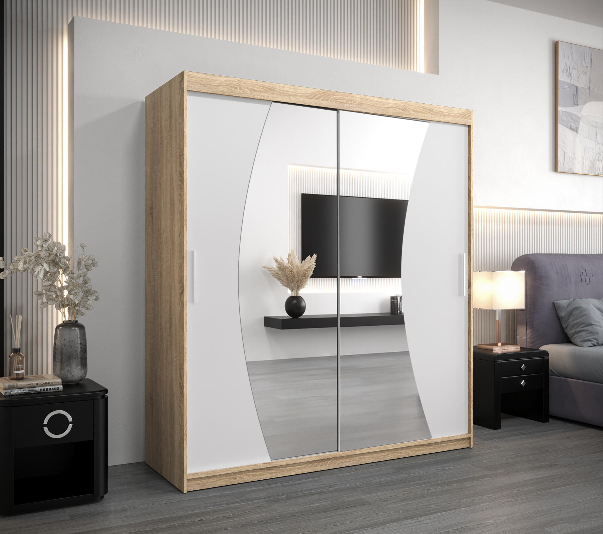 SCHWEBETÜRENSCHRANK 200/180/62 2-türig - Silberfarben/Weiß, Holz/Kunststoff (180/200/62cm) - Abiks Möbel