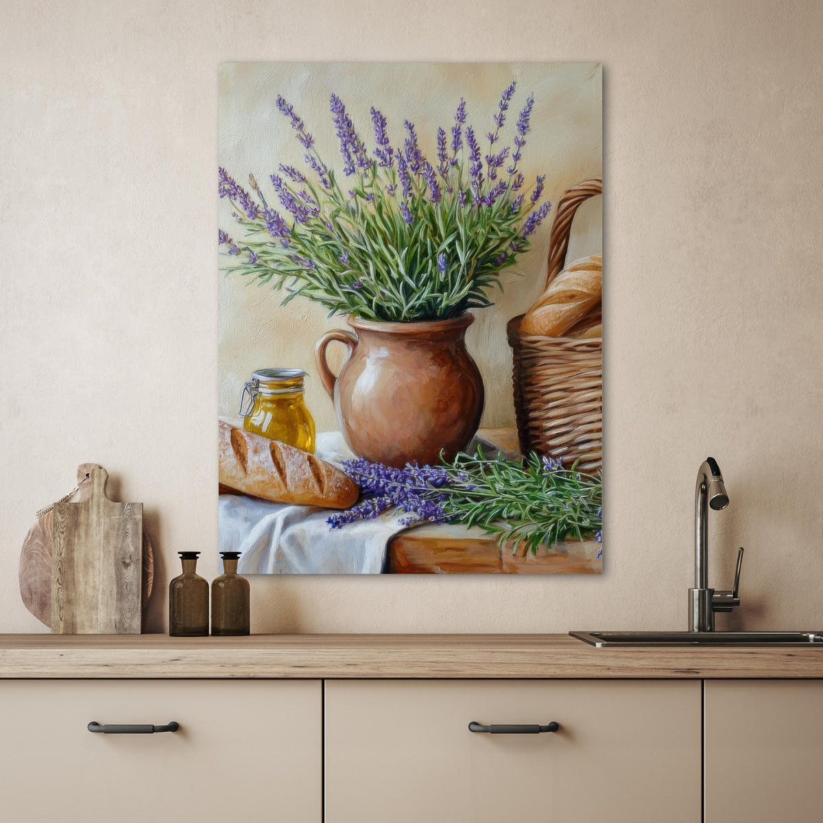 LEINWANDBILD Lavendel - Brot - Stilleben 60x80 cm - Flieder, Textil (60/80cm) - MuchoWow
