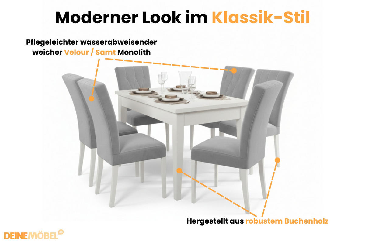 TISCHGRUPPE DAKOTA 170/90 cm in Weiß mit 6 Stühlen in Hellgrau - Hellgrau/Weiß, Holz/Holzwerkstoff (90/77/170cm) - Deine Möbel 24