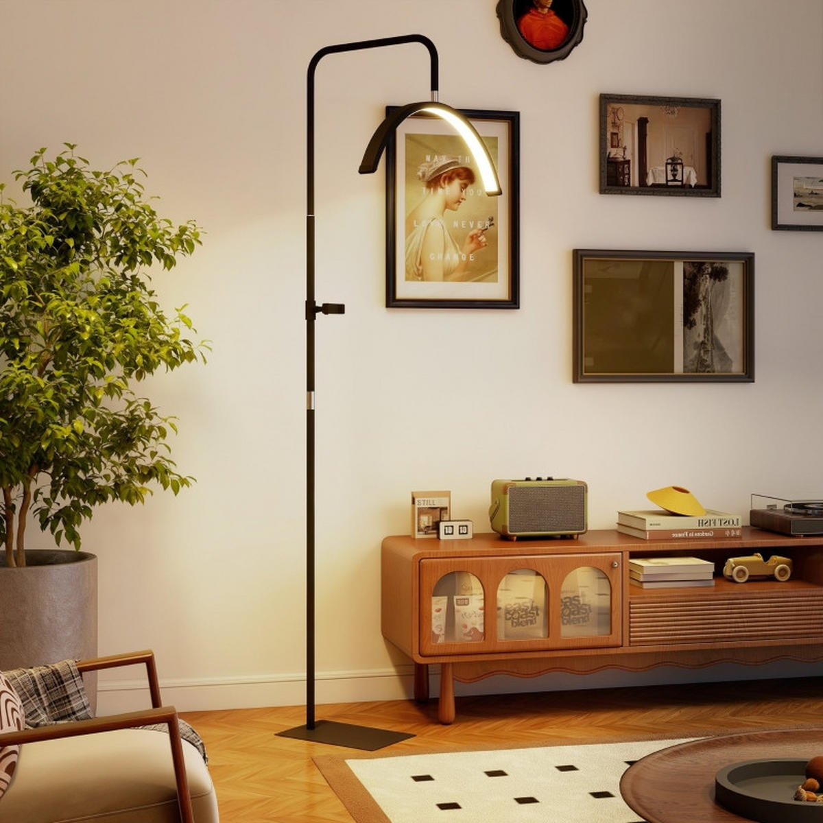 STEHLEUCHTE LED-Wimpernlampe 136-186cm Dimmbar Halbmond-Kosmetiklampe mit Handyhalterung - Schwarz, Metall (77.5/20.5/186cm) - Raelunyi