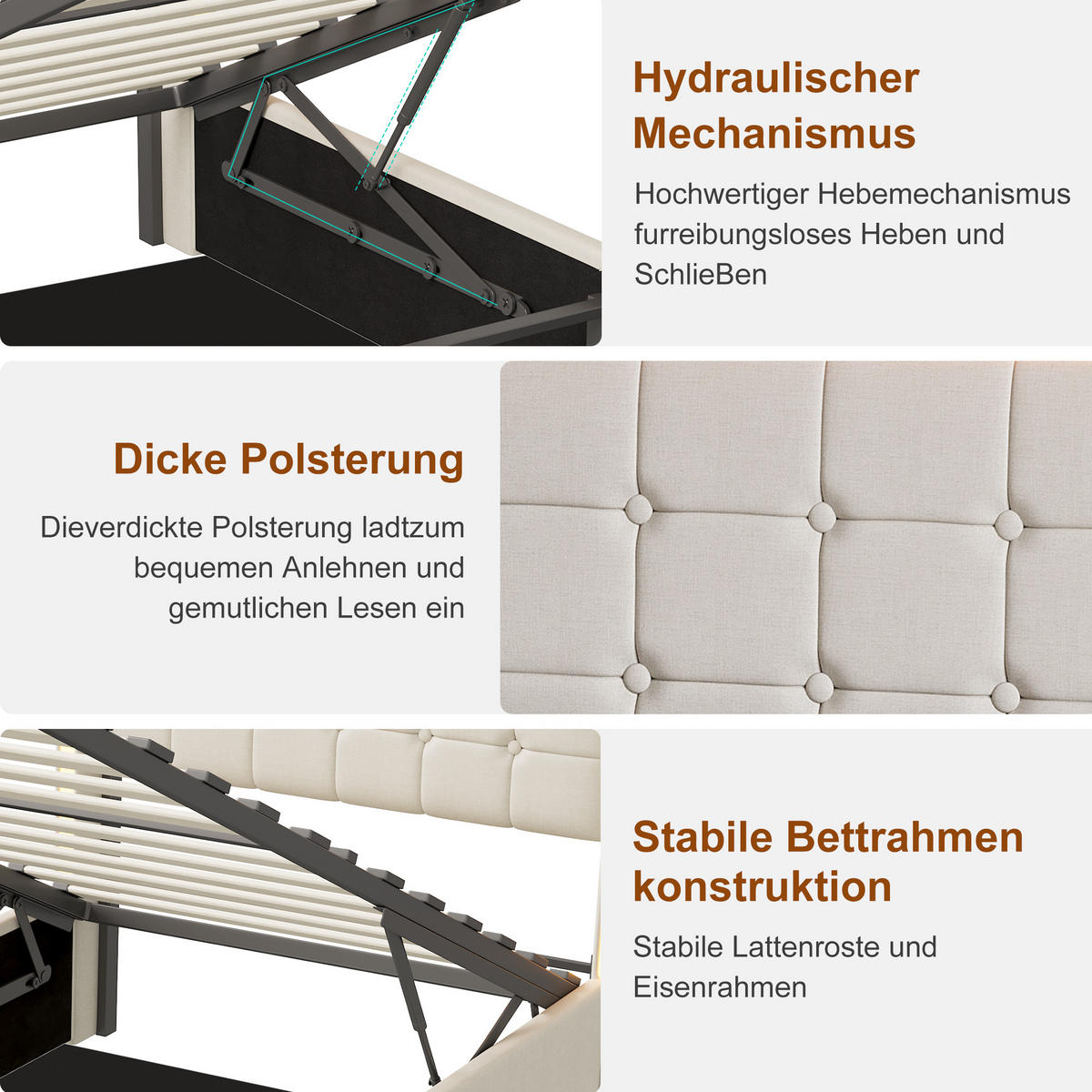 POLSTERBETT 90x200 cm Beige mit LED, Stauraum, USB-C & hydraulischem Lattenrost - Beige, Holz (90/200cm)