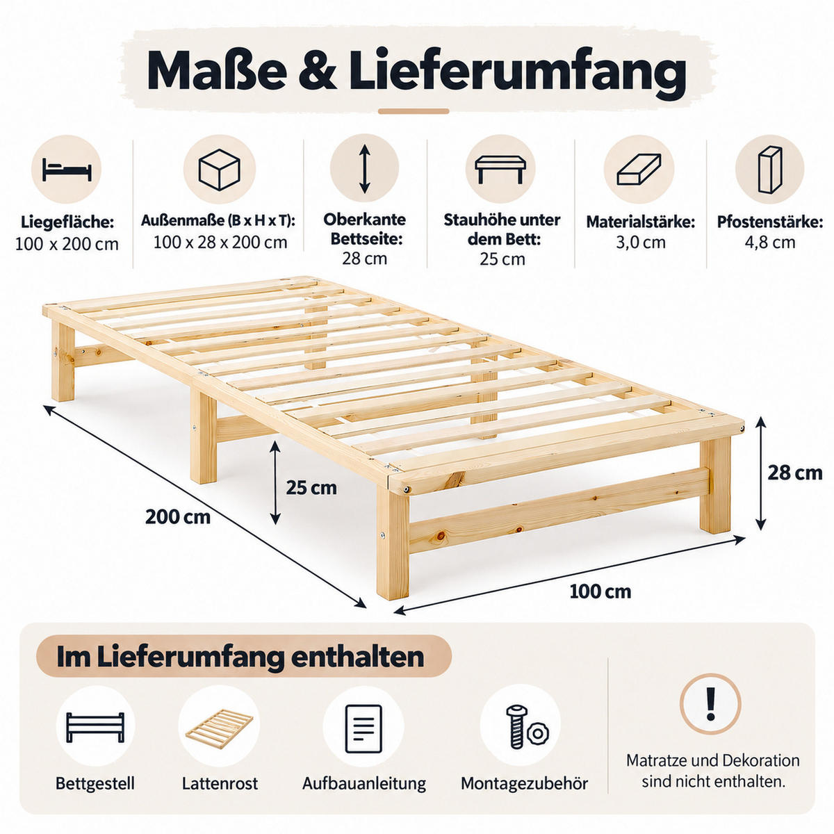 HOLZBETT 100/200 cm natur - Braun, Holz (100/200cm) - Homestyle4u