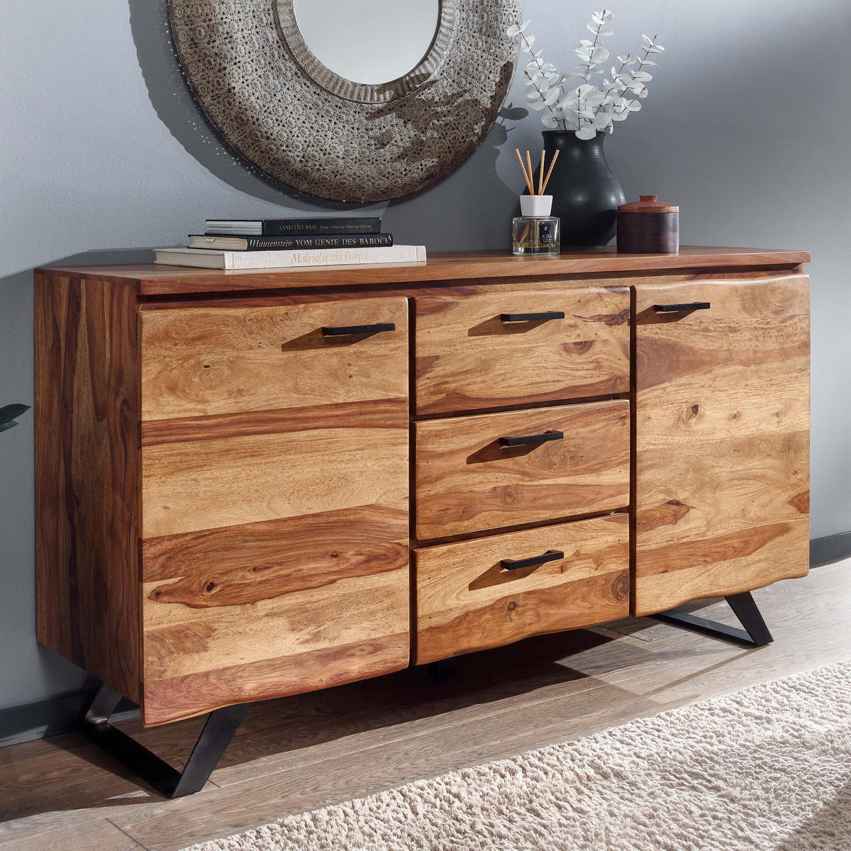 SIDEBOARD – Massivholz, 145x82x45 cm, mit Baumkante, Metallgestell - Schwarz/Braun, Holz/Metall (145/82/45cm) - KADIMA DESIGN
