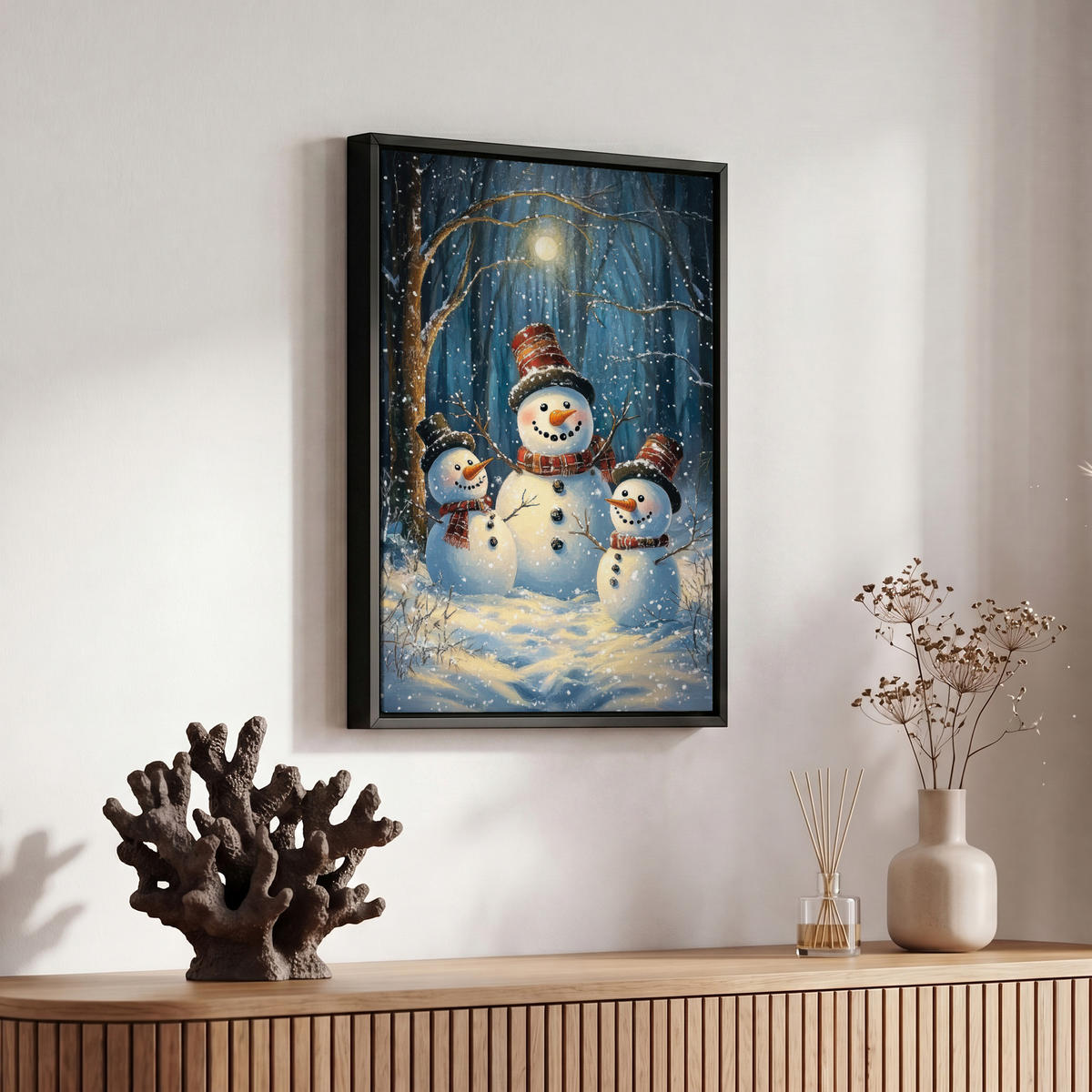 LEINWAND Bilder mit Rahmen - Schneemann - Schnee - Winter - Wald - 20x30 - Hellblau, Textil (20/30cm) - MuchoWow