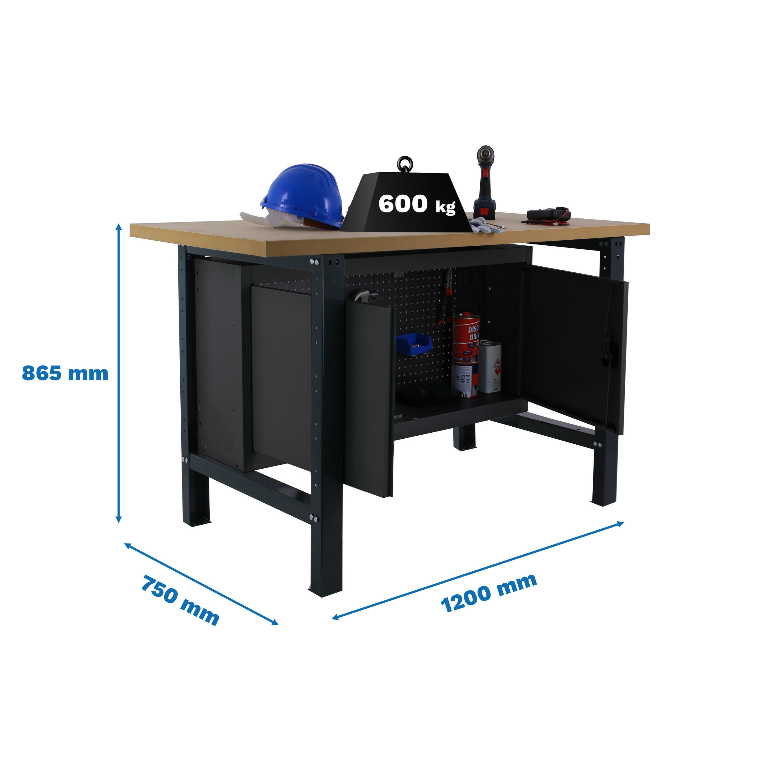WERKBANK BUFFALO WOOD mit Schrank | HxBxT 87x120x75cm | Traglast 600kg | Anthrazit - Anthrazit, Metall (120/87/75cm) - PROREGAL