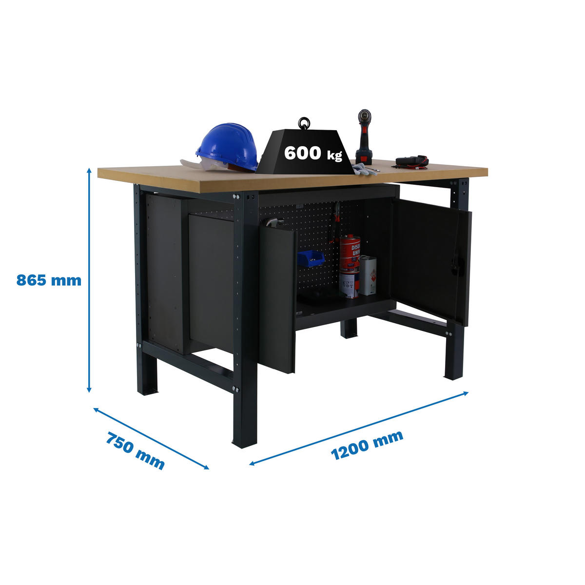 WERKBANK BUFFALO WOOD mit Schrank | HxBxT 87x120x75cm | Traglast 600kg | Anthrazit - Anthrazit, Metall (120/87/75cm) - PROREGAL