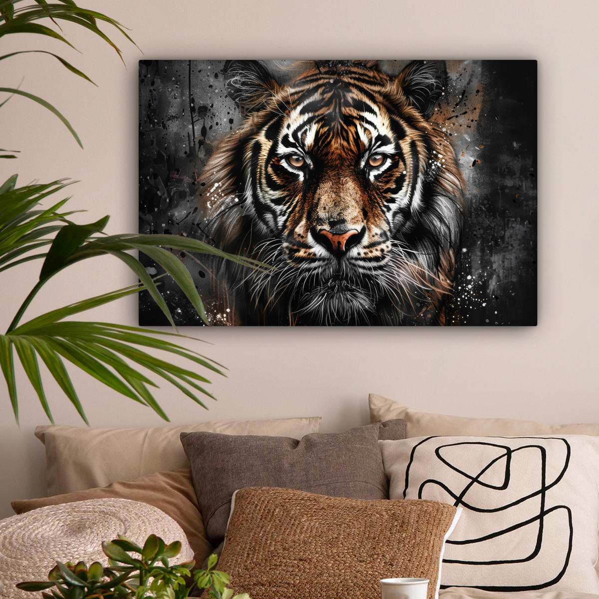 LEINWANDBILD Tiger - Tiere - Porträt - Luxus - Schwarz Gemälde 60x40 cm - Anthrazit, Textil (60/40cm) - MuchoWow