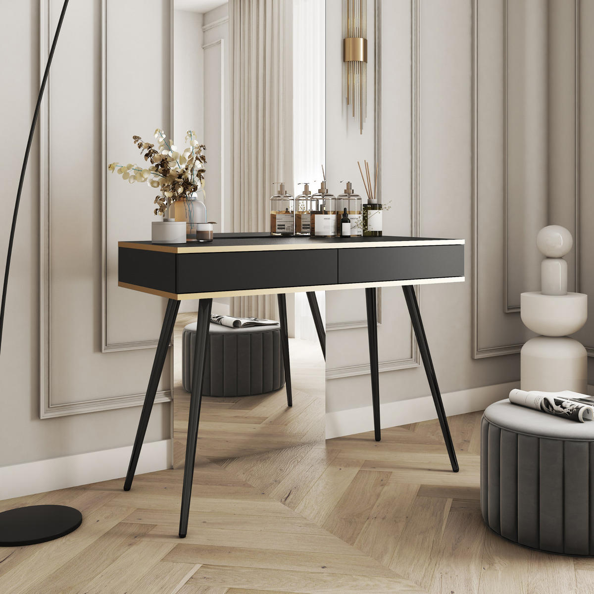 KONSOLENTISCH FORNO (Schwarz, Goldene Details, 2 Schubladen, schwarze Metallfüße) - Schwarz, Holz/Holzwerkstoff (50/102/80cm) - Ravio