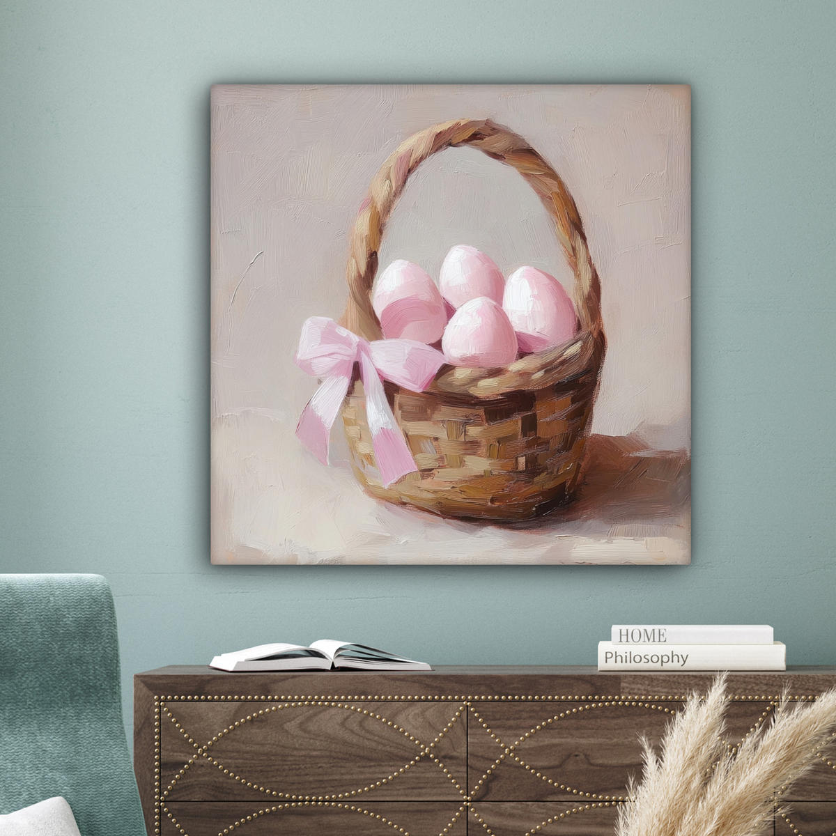 LEINWANDBILD Korb - Eier - Rosa Deko Groß 90x90 cm - Beige, Textil (90/90cm) - MuchoWow