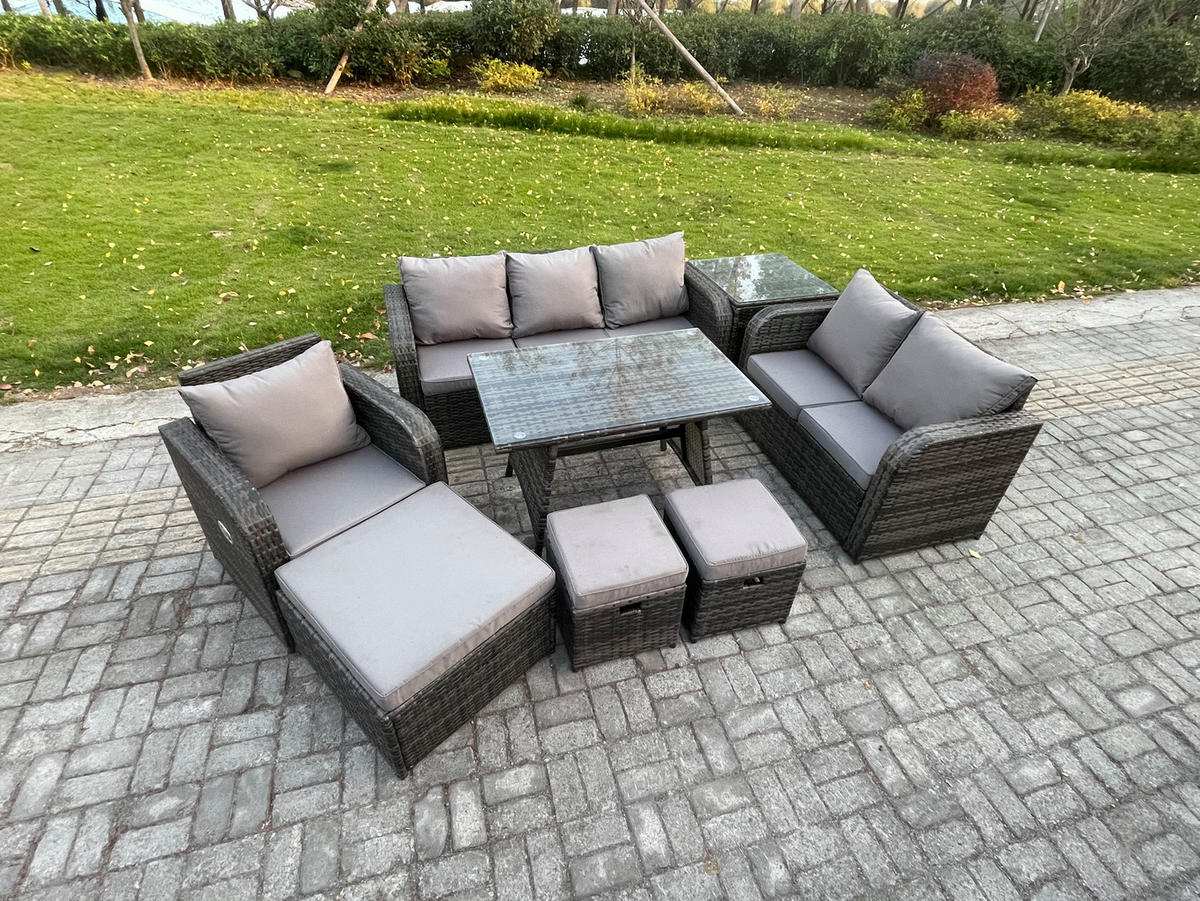 GARTENMÖBEL SET Polyrattan Dunkelgrau 9-Sitzer - Dunkelgrau/Grau, Glas/Kunststoff - Fimous