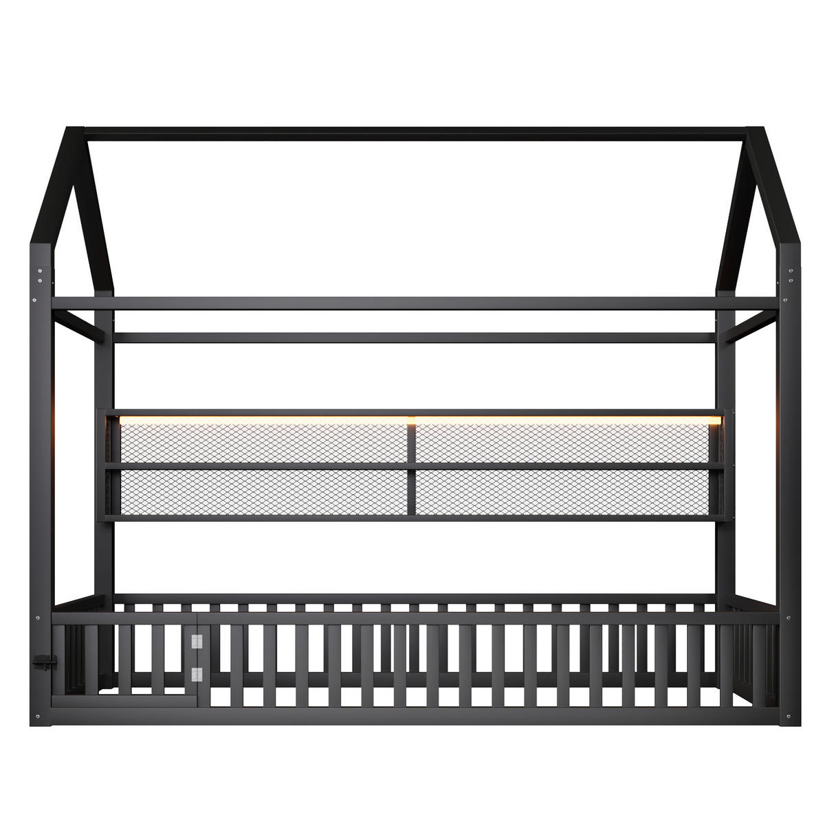 HAUSBETT aus Metall 90x200 cm Schwarz mit Sicherheitszaun, LED-Beleuchtung und Hausdesign - Schwarz, Metall (90/200cm) - Modfu