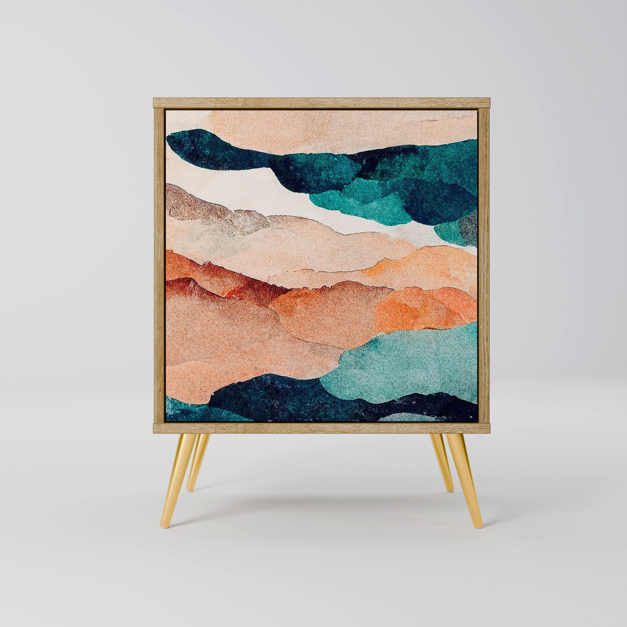 SIDEBOARD ABSTRACT LANDSCAPE, Eichefarben, 57,5x42x75,5 cm, Goldfarbene Metallfüße - Eichefarben/Goldfarben, Holzwerkstoff/Metall (57.5/75.5/42cm) - SpaceRebels