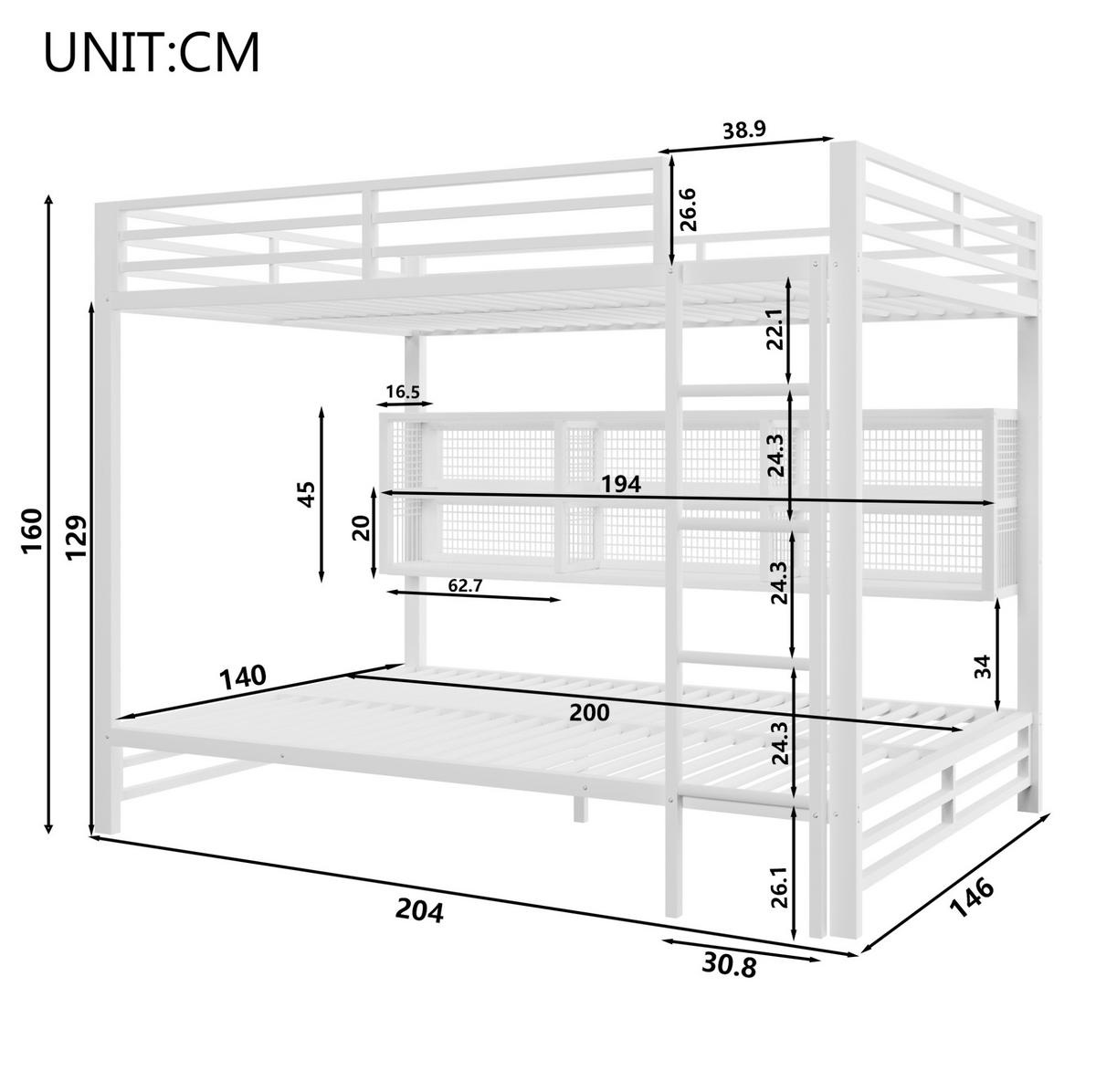 ETAGENBETT 140/200 cm Weiß mit LED und Stauraumschränken - Weiß, Metall (140/200cm) - MIVRAY