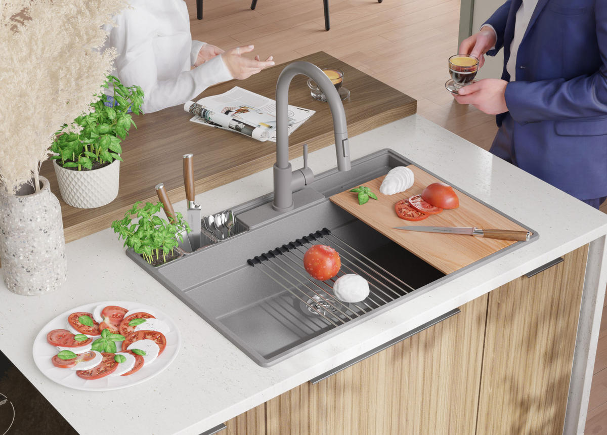 SPÜLBECKEN New York, 2-er set Grau 78/53 cm 1 Becken + Ablauf-Set + Küchenzubehörset ab 80er Unterschrank - Chromfarben/Beige, Kunststoff (78/20/53cm) - Primagran