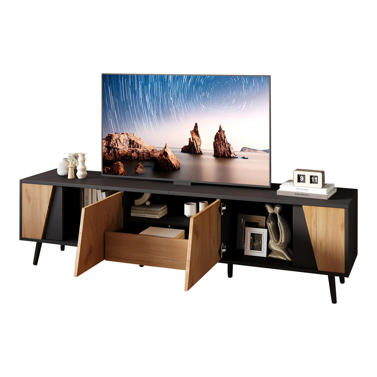 TV-LOWBOARD Grifflos Schwarz-Naturholzfarben 180/40/46 cm - Schwarz, Holz (180/46/40cm) - PANGIVO