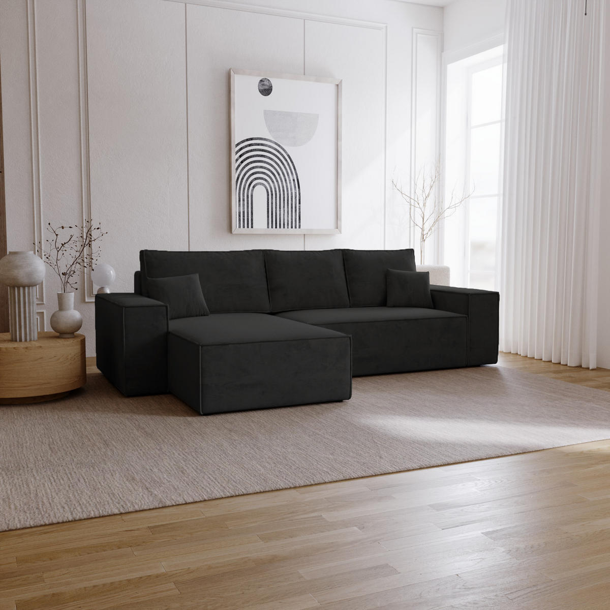 ECKSOFA mit Schlaffunktion Bergamo L 280 cm, Samt, Links - Schwarz - Schwarz, Holz (277/189cm) - Emporius
