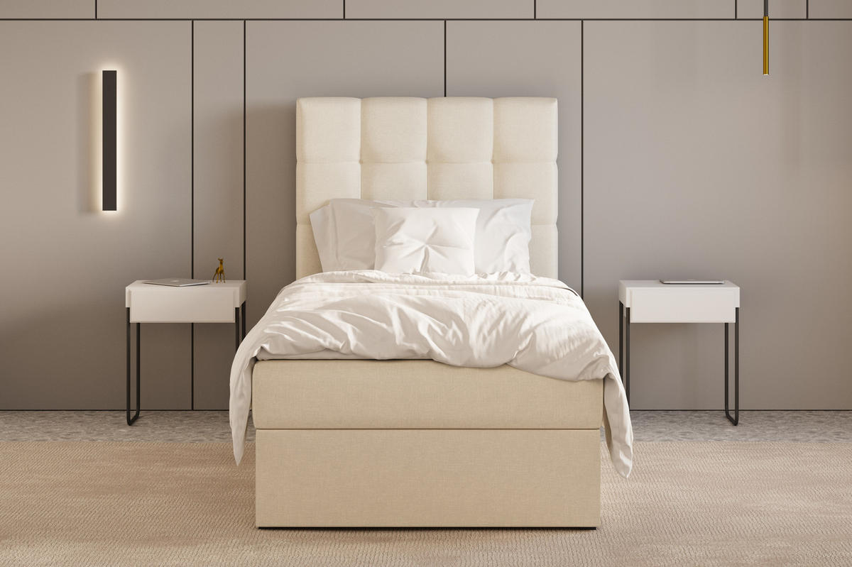 BOXBETT - Bett 05 OSLO - Hugo - 90x200 cm - mit Bettkasten und Waschbarem Topper - Beige, Holz (90/200cm) - ROYAL24_MARKT