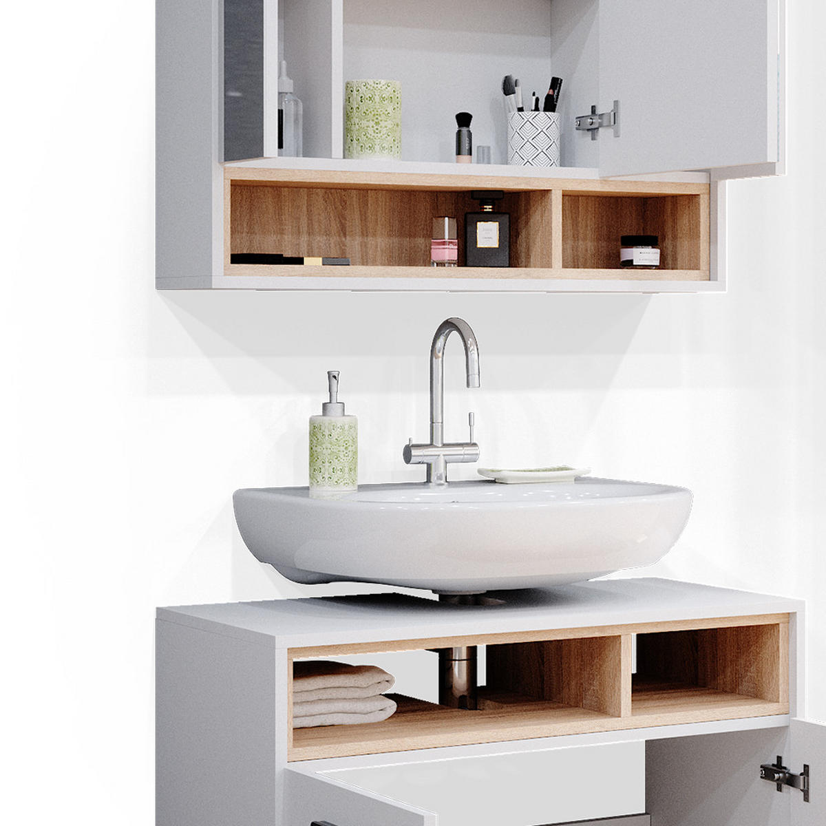 BADMÖBEL-SET Beatrice Weiß 2 Teile - Weiß/Sonoma Eiche, Holzwerkstoff (80/64/40cm) - Vicco