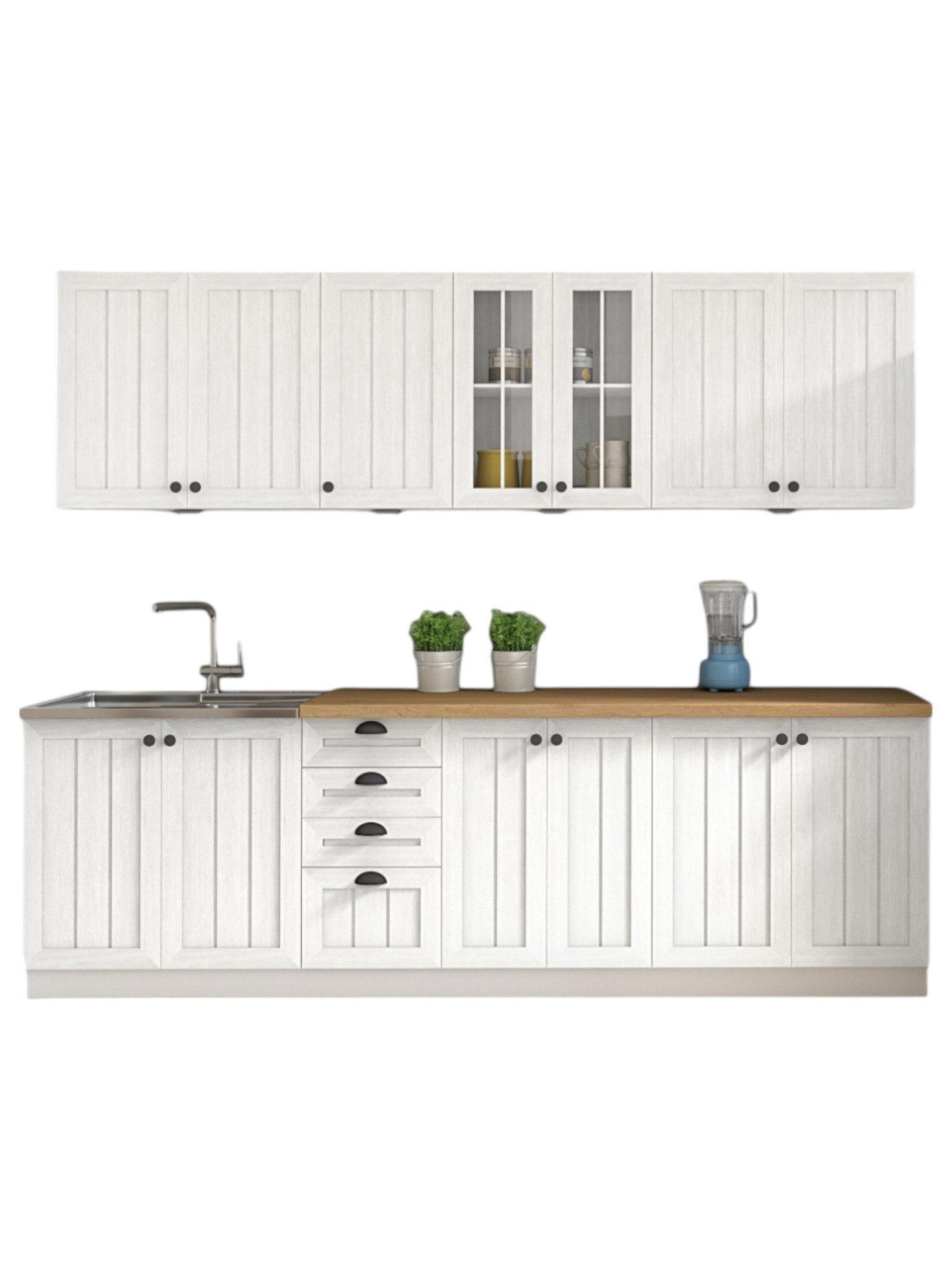 KÜCHENZEILE 260 cm – Provence K4-G260 – in Weiß / Matt - Schwarz/Weiß, Holz/Metall (260/212/58cm) - ROYAL24_MARKT