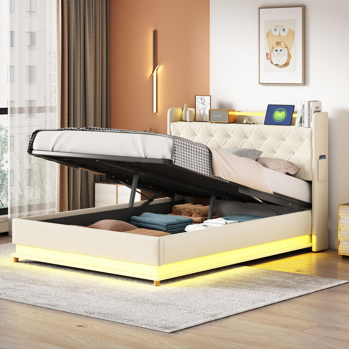 POLSTERBETT 140/200 cm in Beige Leinen mit Bettkasten, LED und USB - Beige, Holzwerkstoff/Textil (140/200cm) - WISHDOR