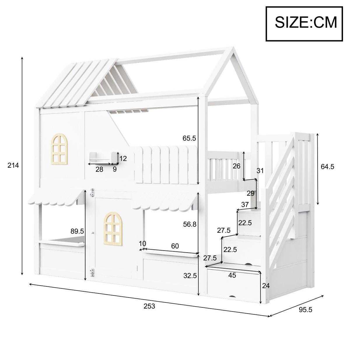 KINDER-ETAGENBETT 90 x 200 cm mit Dach, Leiter und LED, Weiß - Weiß, Holz (90/200cm) - FLIEKS