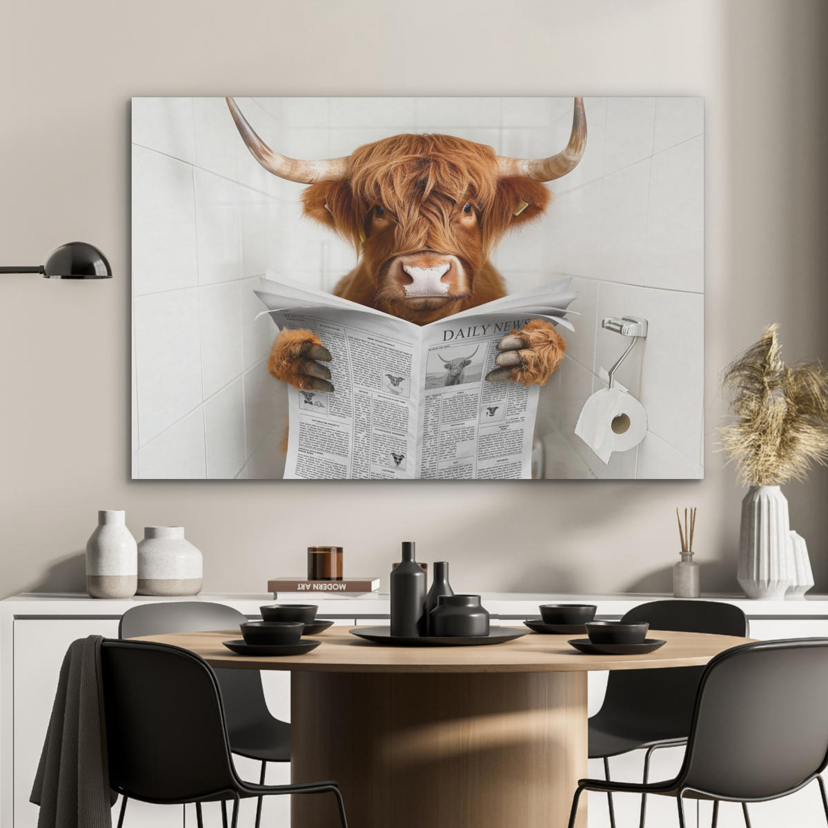 AKUSTIKPANEEL Schottisches Hochlandrind - Tier - Zeitung - Toilette 100x70 cm - Kastanienfarben, Textil (100/0.9/70cm) - MuchoWow