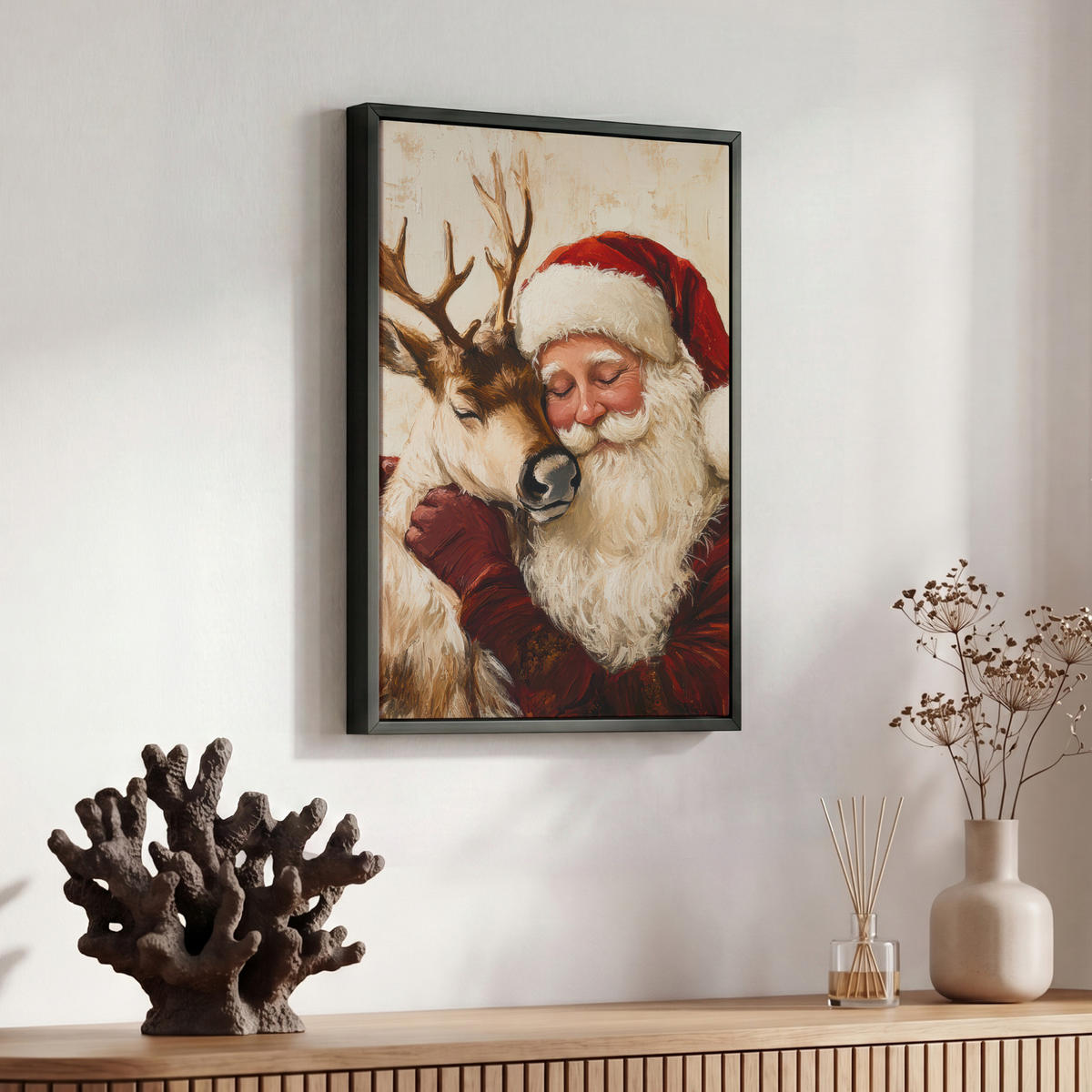 LEINWAND Bilder mit Rahmen - Weihnachtsmann - Rentier - Weihnachten - 30x40 - Rotbraun, Textil (30/40cm) - MuchoWow
