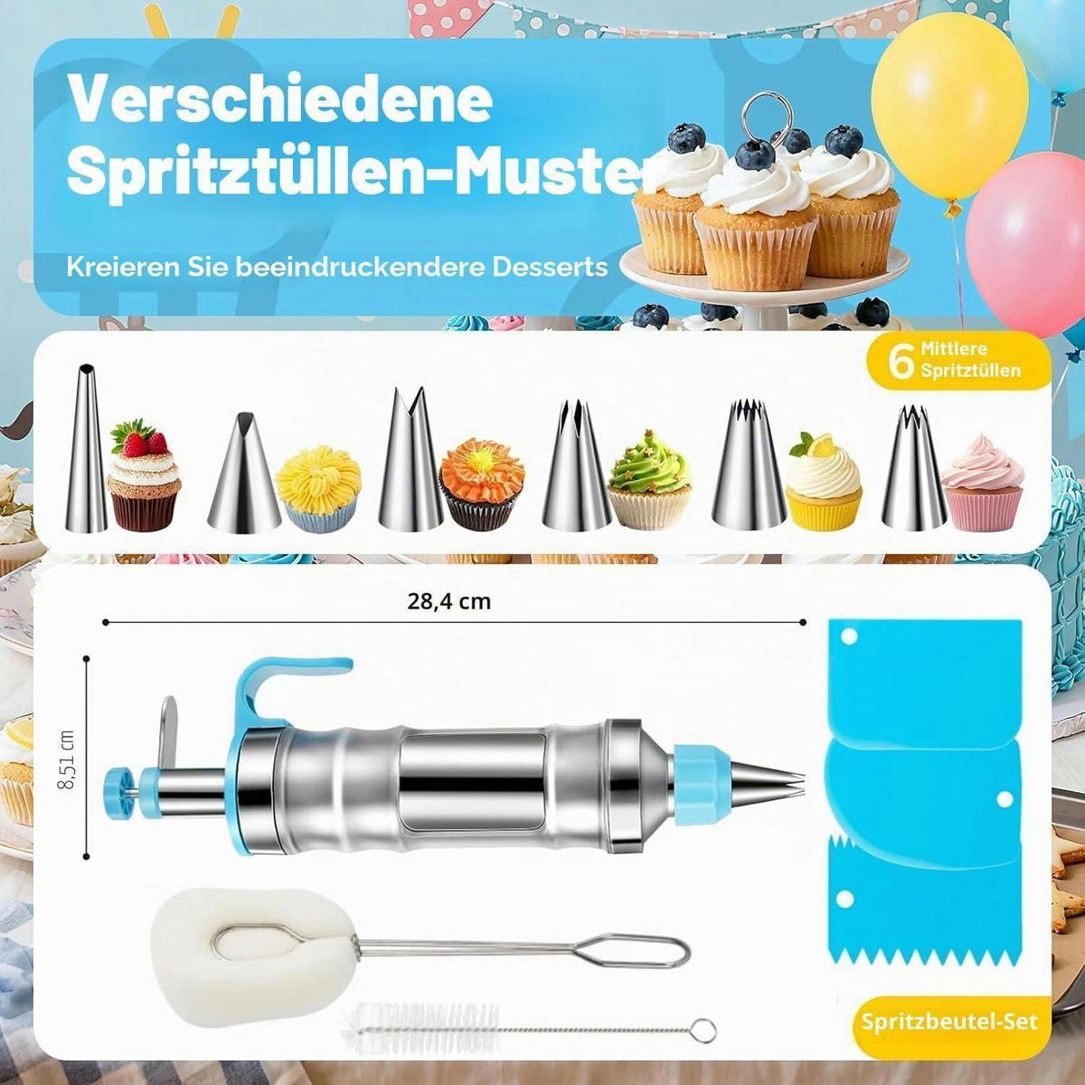 KUCHENDEKORATIONSSET Spritzpistole Edelstahl Blau - Blau, Metall (8.5/1/28.4cm)