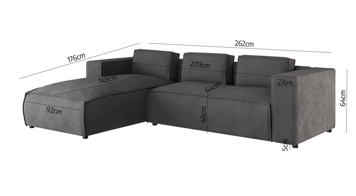 ECKSOFA Nova Grau Cord - Schwarz/Grau, Holz/Kunststoff (262/176cm) - S-Style Möbel