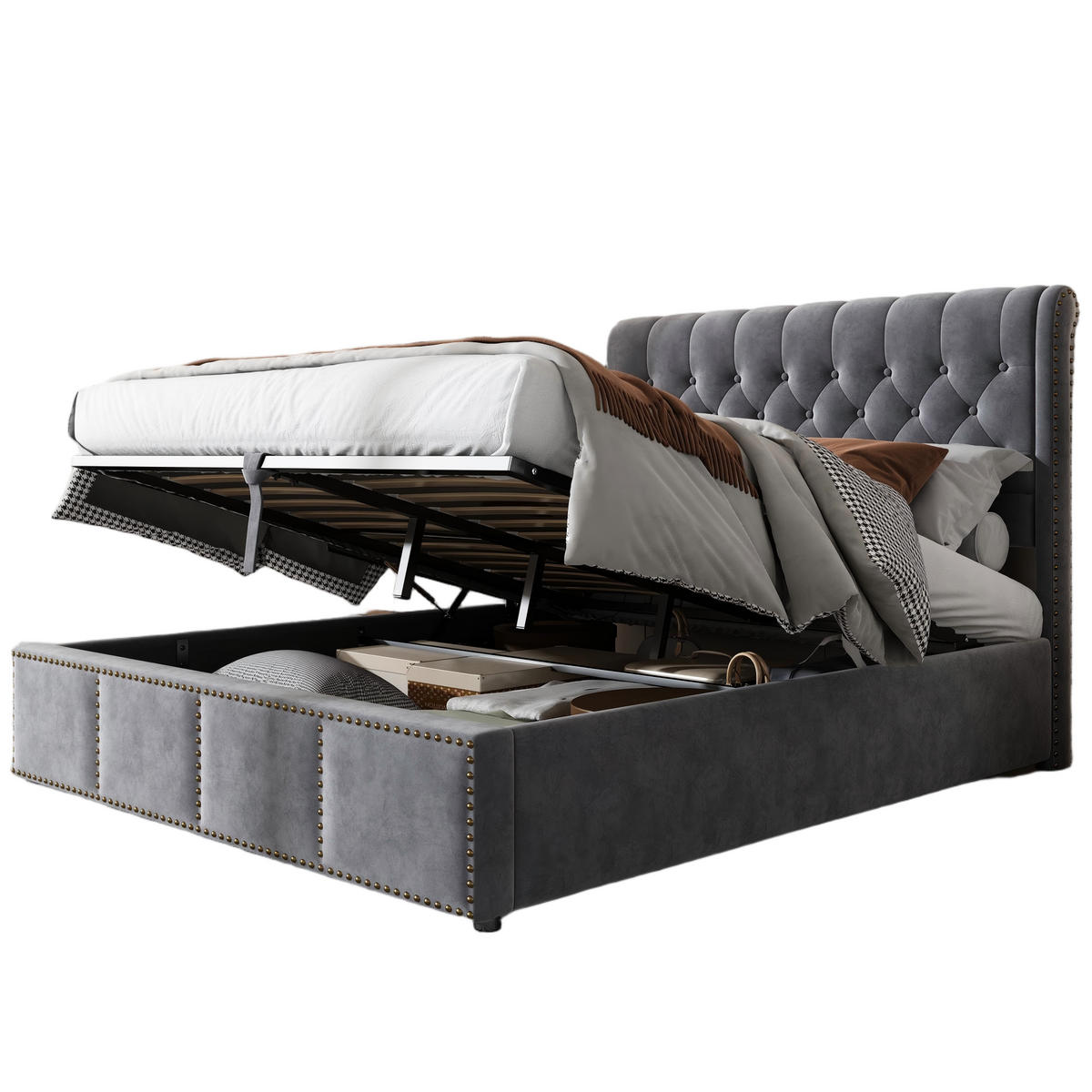 POLSTERBETT 180/200 cm Grau mit Hydraulik und Nietendetails - Grau, Textil (180/200cm) - OKWISH