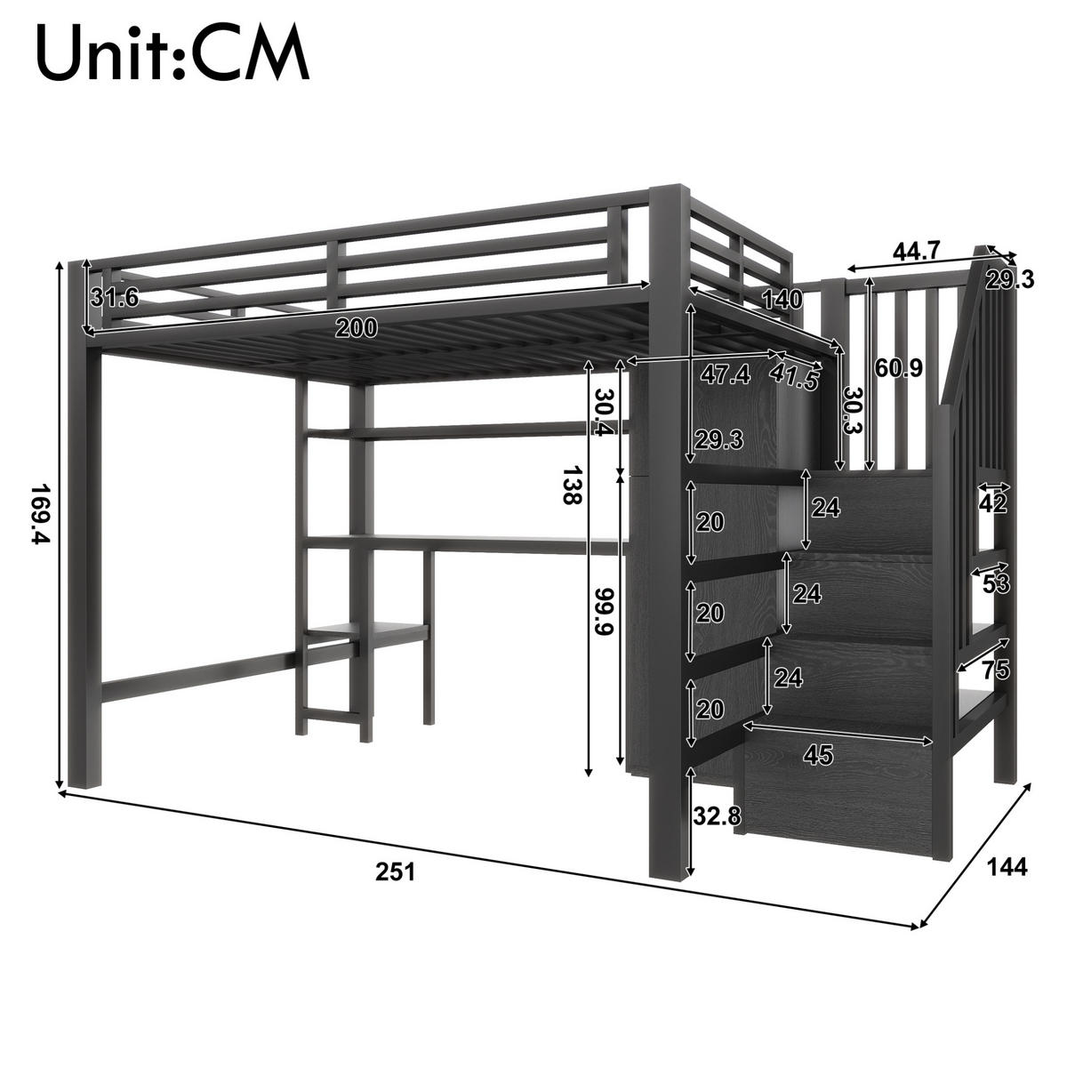 HOCHBETT 140/200 cm aus Metall und MDF mit Schreibtisch, Kleiderschrank, Regal und LED-Beleuchtung Schwarz - Schwarz, Holzwerkstoff (140/200cm) - Modenvie