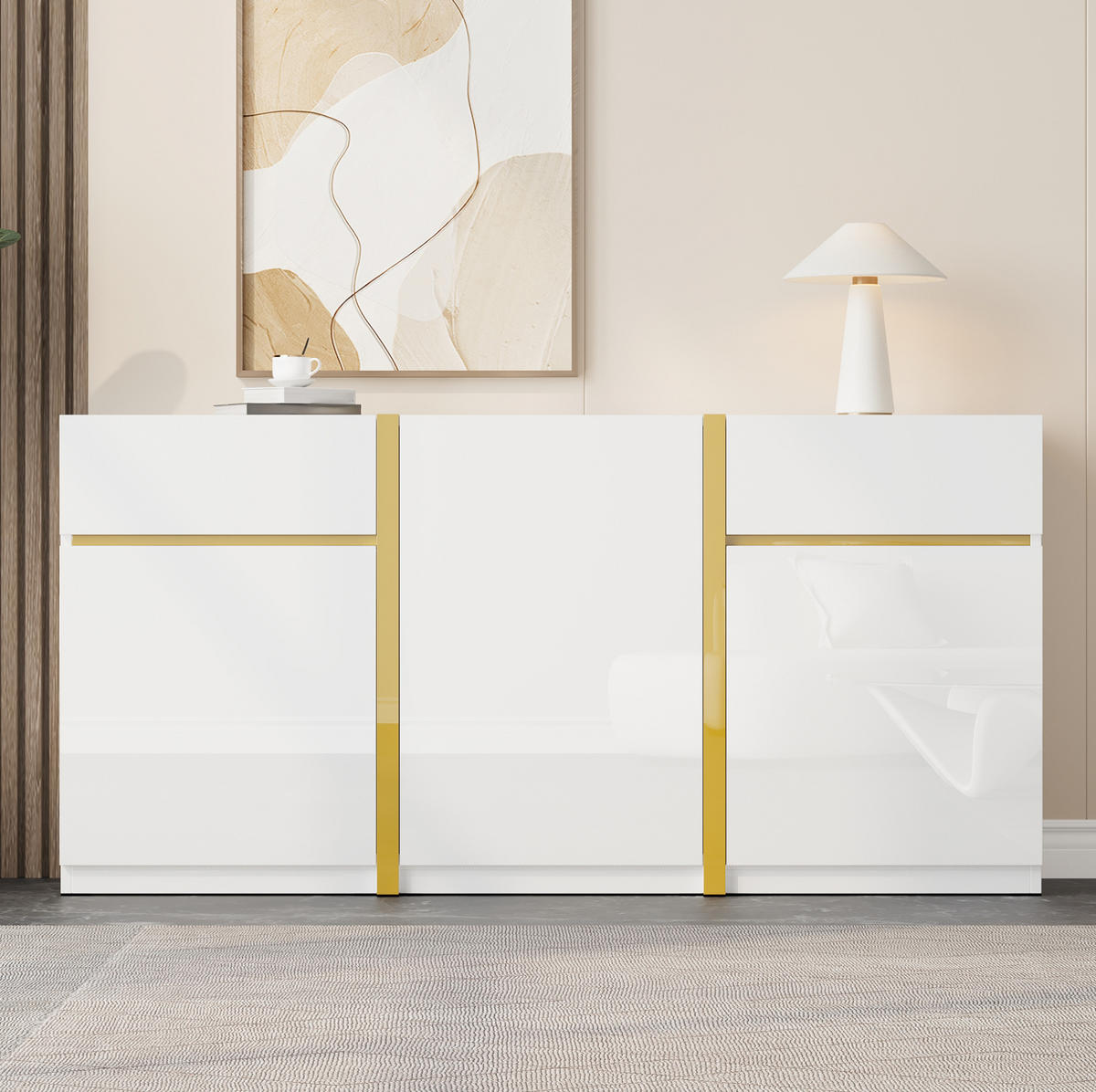 SIDEBOARD 160/40/78 cm aus MDF und Holzwerkstoff mit 3 Türen, 2 Schubladen, Hochglanzfronten und goldfarbenen Details, Weiß - Weiß, Holzwerkstoff (160/78/40cm) - Redom