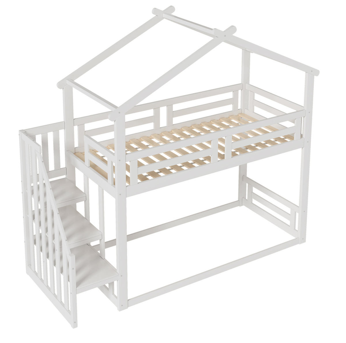 ETAGENBETT 90/200 cm weiß mit Sicherheitsleiter aus massivem Kiefernholz - Weiß, Holz (90/200cm) - OKWISH