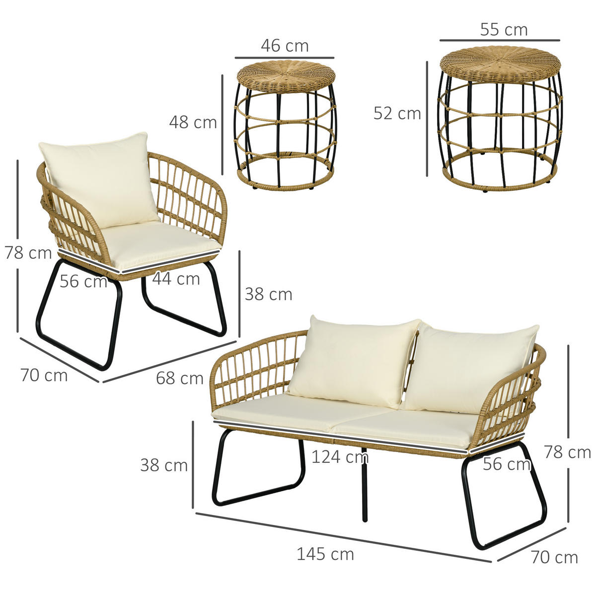 GARTENMÖBEL-SET mit Kissen, für Garten, Terrasse, Stahl, Beige - Beige, Kunststoff - Outsunny