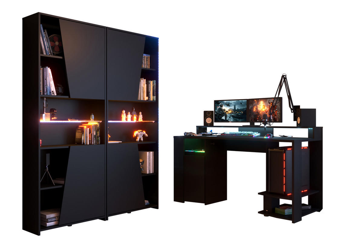 GAMING MÖBEL 1 in Schwarz 2 teilig Gamingzimmer mit Beleuchtung - Schwarz, Holzwerkstoff (120/200/80cm)