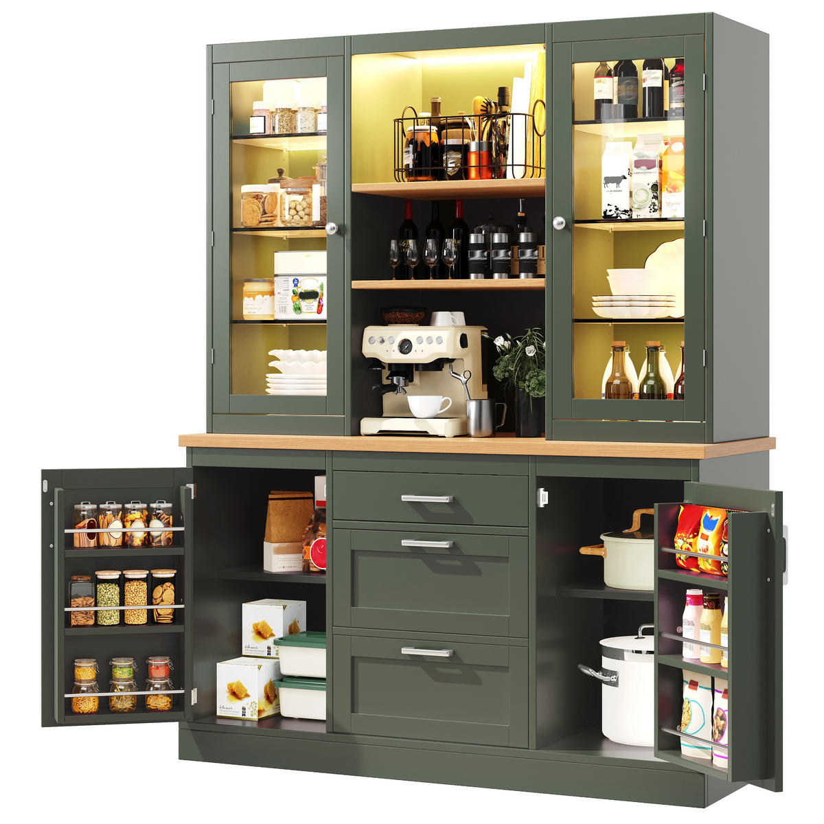 MEHRZWECKSCHRANK mit App-gesteuerter LED-Beleuchtung, 3 Schubladen und Arbeitsplatte Grün 185/140/40 cm - Grün, Glas/Holzwerkstoff (140/185/40cm) - EVRYAE