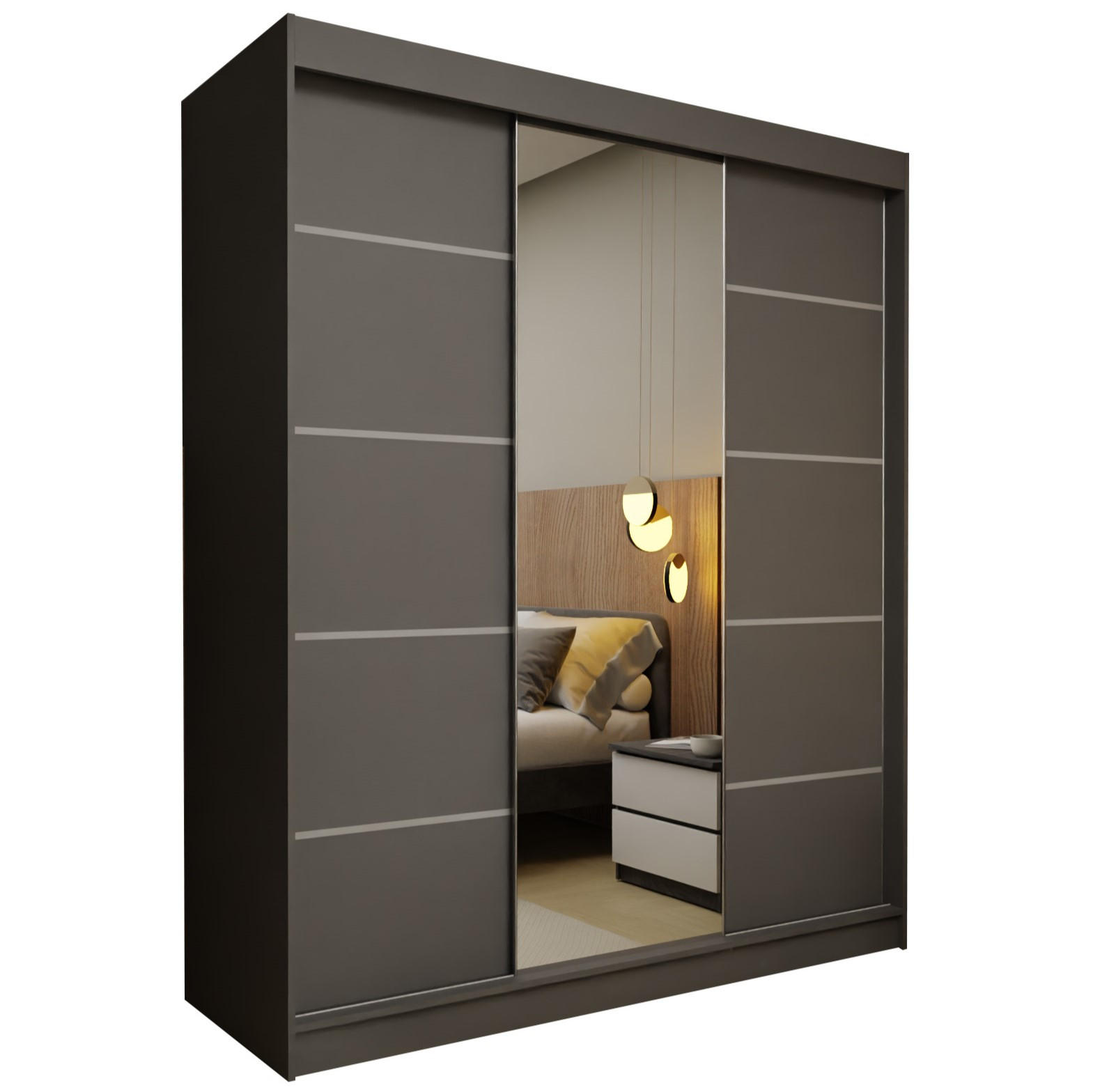SCHWEBETÜRENSCHRANK MIRELLA 180/216/61 cm 3-türig mit Spiegel Grau - Grau, Holzwerkstoff (180/216/61cm) - MASSENO