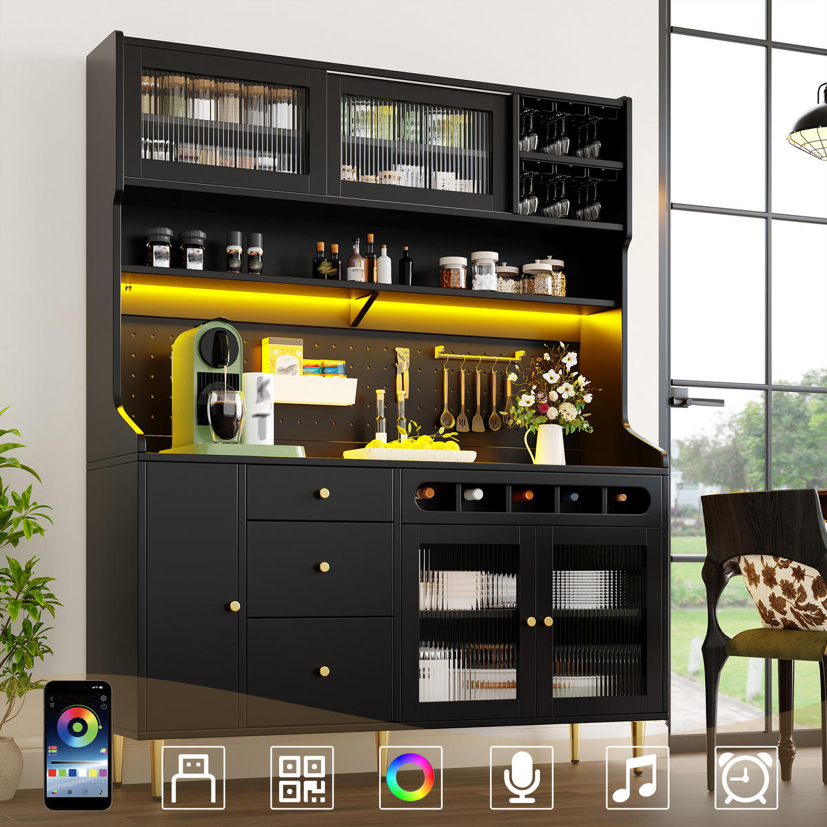 KÜCHENSCHRANK in Schwarz mit LED, verstellbaren Böden, Schublade und Weinregal für Esszimmer,B145/T39/H171cm - Goldfarben/Schwarz, Glas/Holzwerkstoff (145/171/39cm) - STILVORA