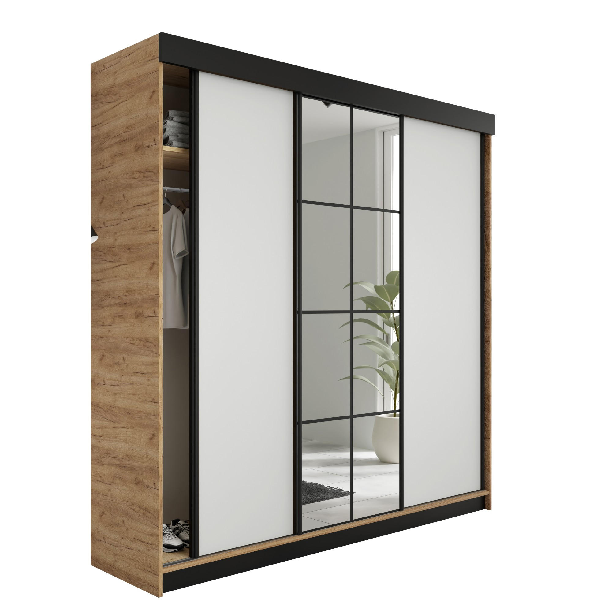 SCHIEBETÜRENSCHRANK LAMARO 200x205x59cm - Eiche Gold Craft & Weiß - Honigeiche/Weiß, Holzwerkstoff (200/205/59cm) - Kier Furniture