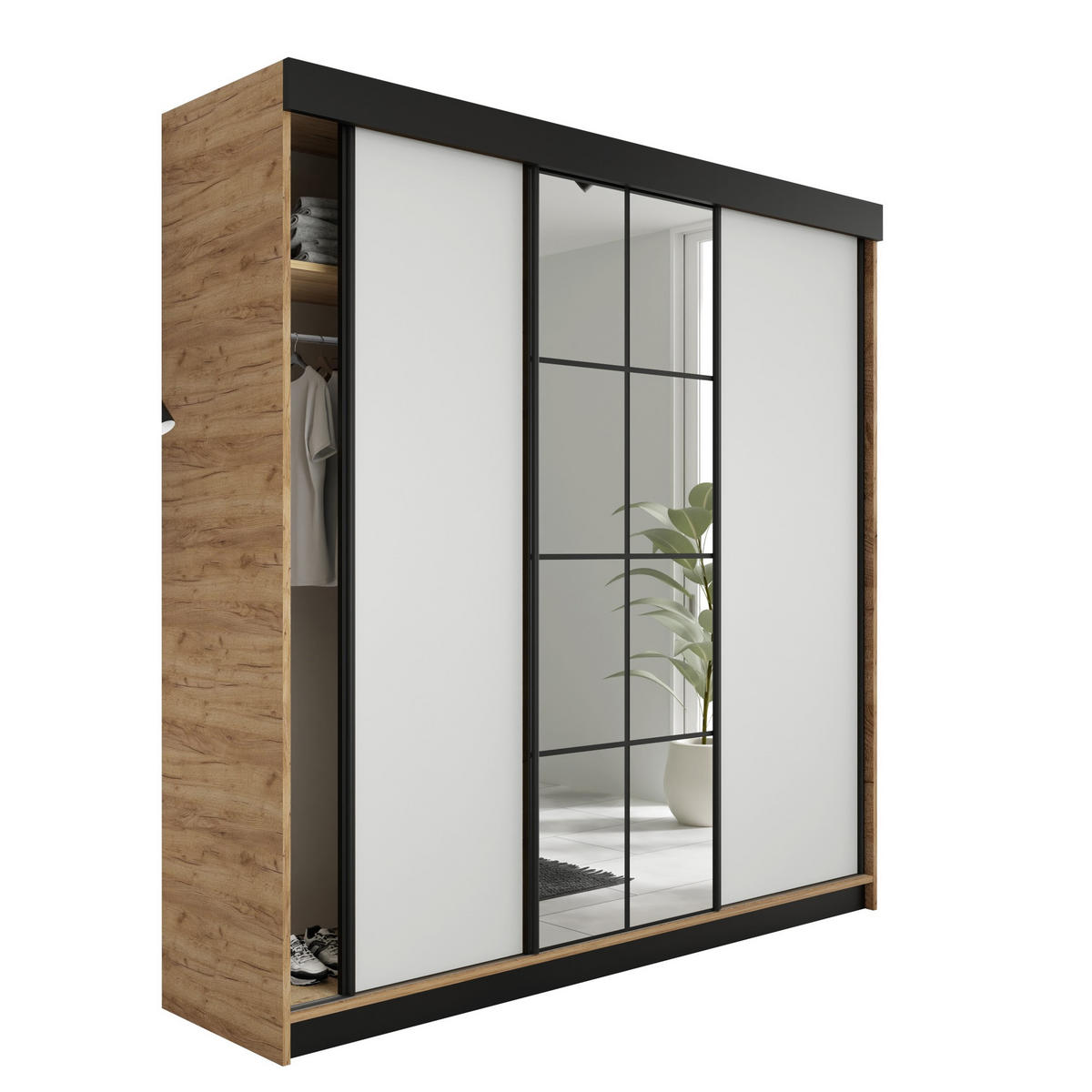 SCHIEBETÜRENSCHRANK LAMARO - 250x205x59cm - Eiche Craft Gold & Weiß - Honigeiche/Weiß, Holzwerkstoff (250/205/59cm) - Kier Furniture