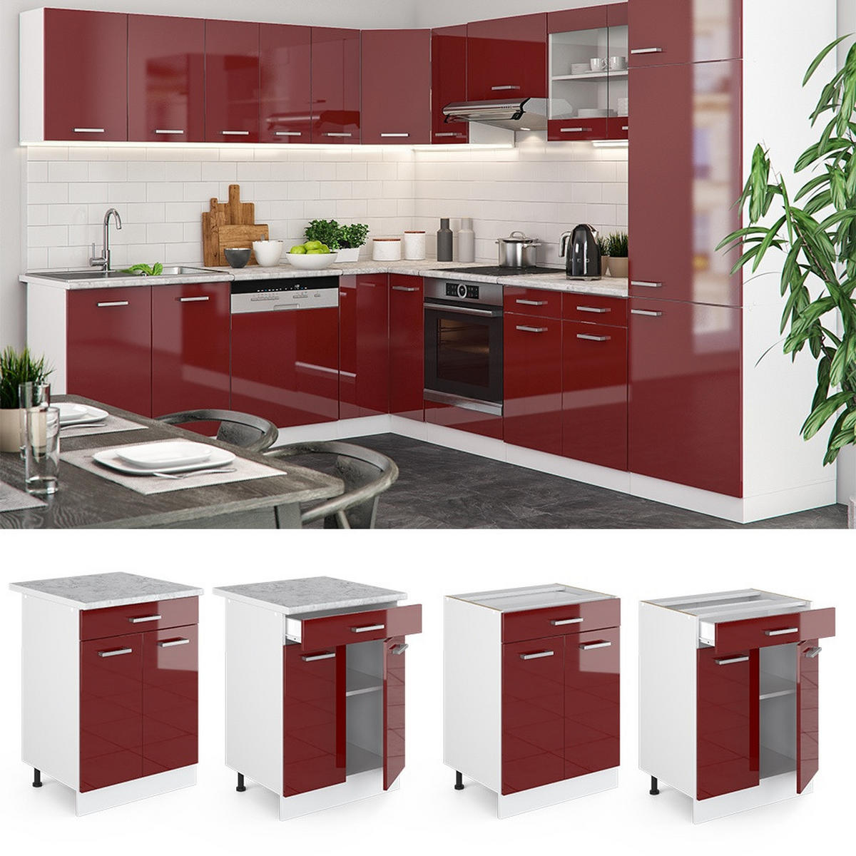 KÜCHENUNTERSCHRANK R-Line Rot Hochglanz 60 cm mit Schublade, AP Eiche - Rot/Weiß, Holzwerkstoff (60/81.6/60cm) - Vicco