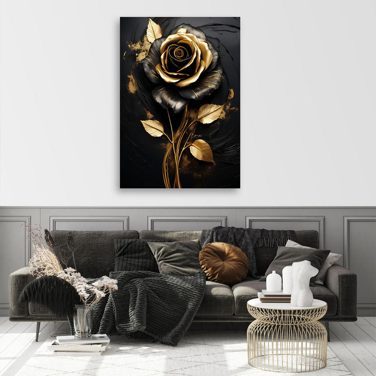 WANDBILD rose flower gold black glamour - Goldfarben, Textil (70/100cm) - Feeby