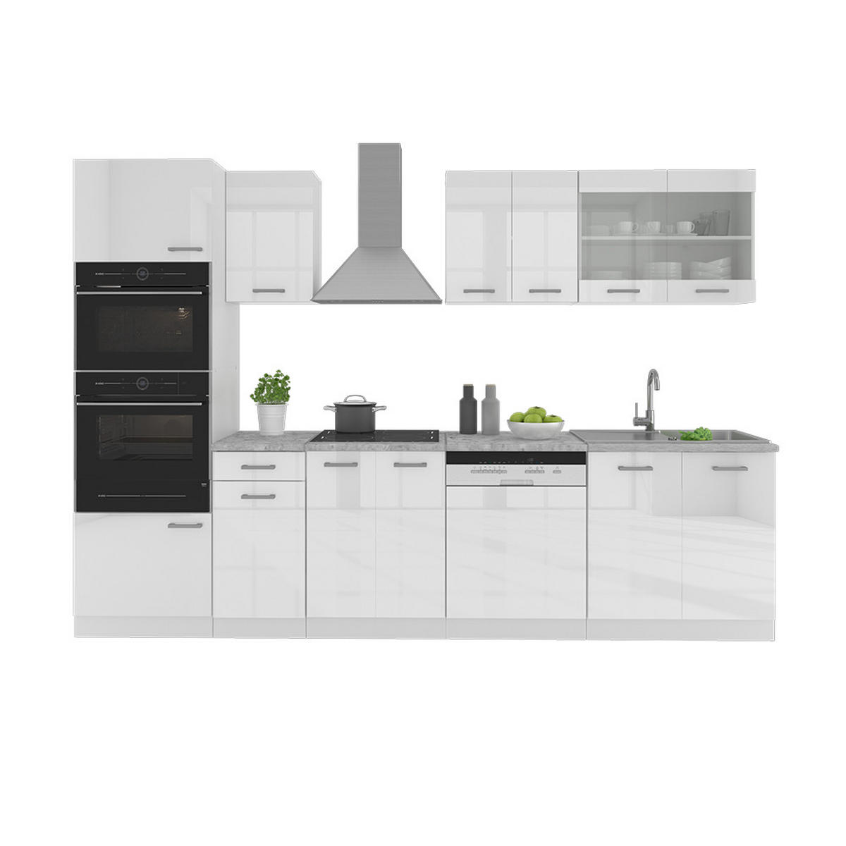 KÜCHENZEILE R-Line Weiß 300 cm mit Hochschrank, ohne AP - Weiß Hochglanz/Weiß, Holzwerkstoff (300/81.6/46cm) - Vicco