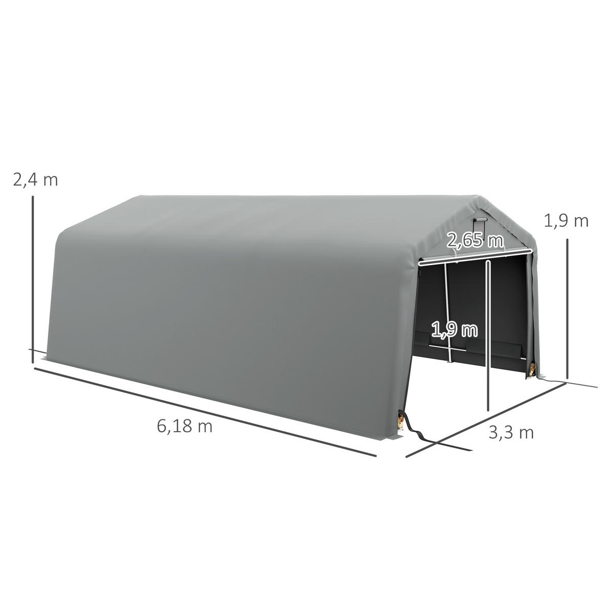 CARPORT DE-12604 620/330/240 cm 150 g/m² wasserdicht mit Rolltür Grau - Hellgrau, Kunststoff (330/240/618cm) - ComfortXL