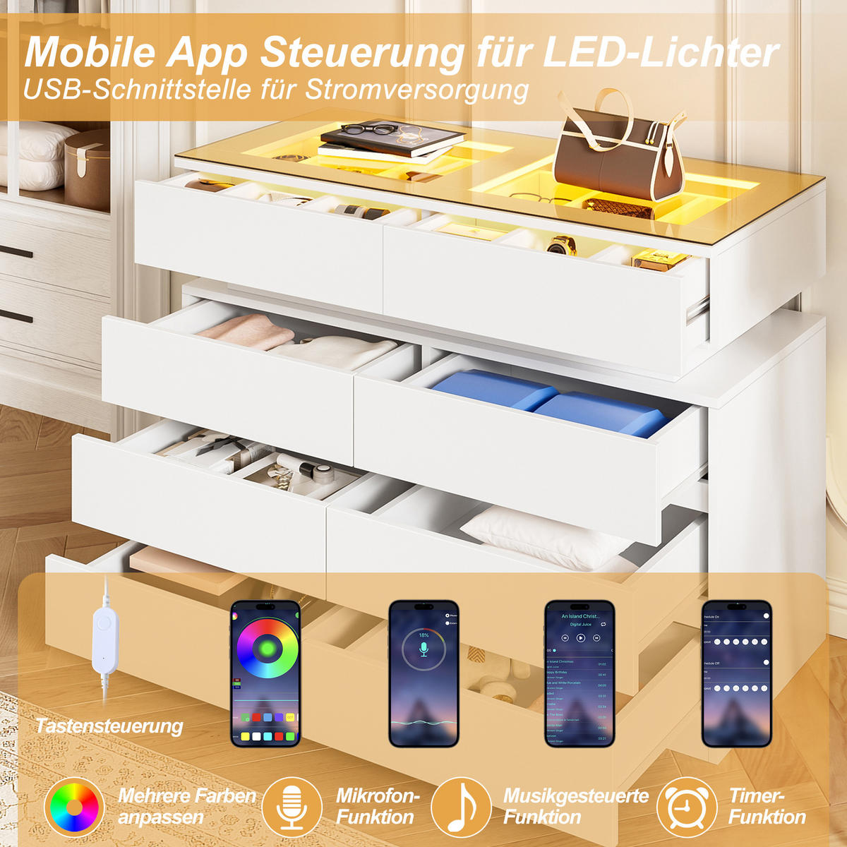 SIDEBOARD LED Glas 8 Schubladen Unterteilung Weiß 100cm Modern - Weiß, Glas (100/76/45cm) - FLIEKS