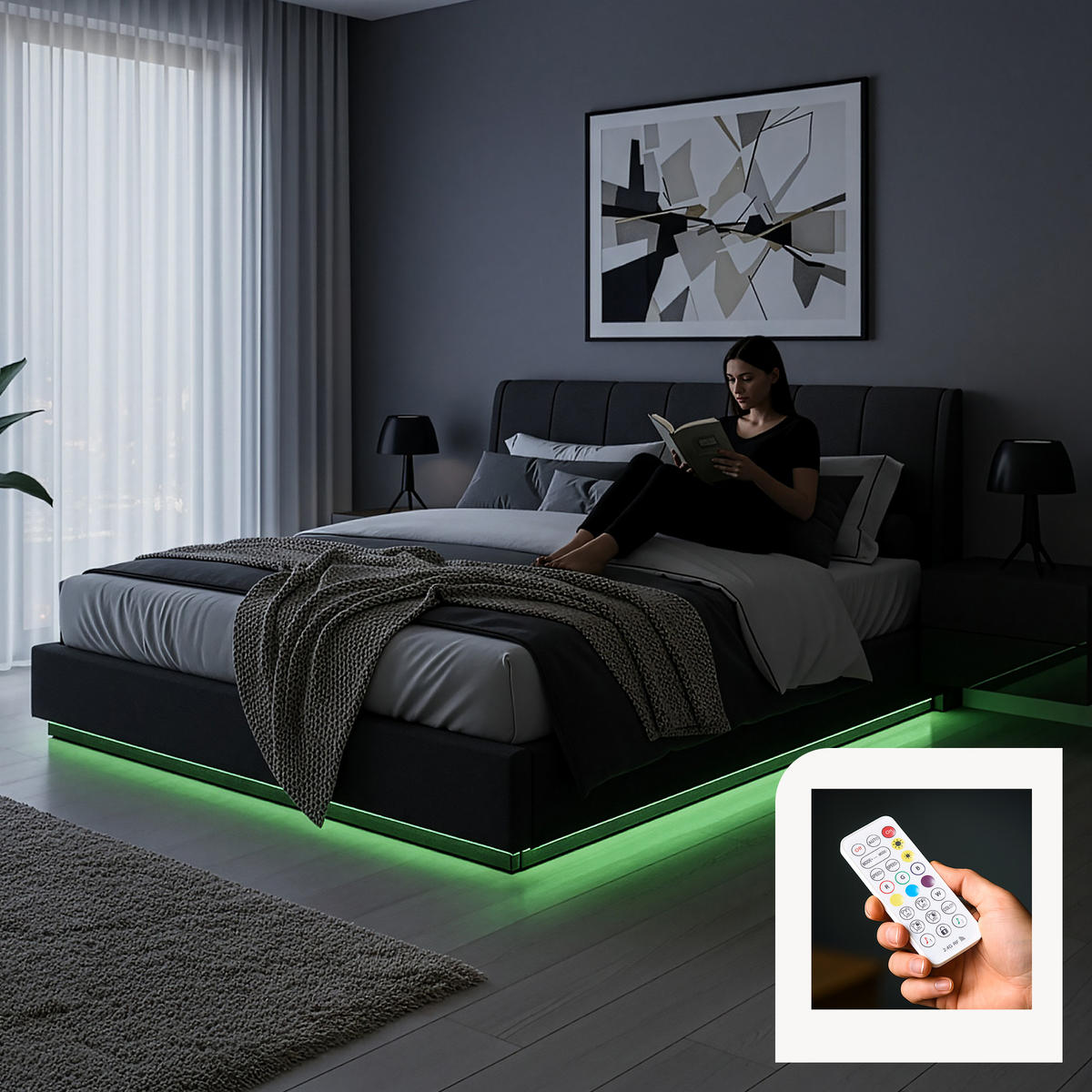 LED ČALOUNĚNÁ POSTEL Tröstiar - černá, kov/kompozitní dřevo (180/200cm) - [en.casa]