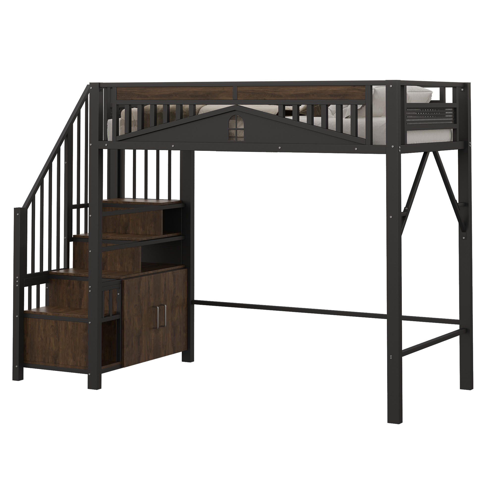 HOCHBETT 90/200 cm aus Metall/Holz mit Stauraumtreppe und Fensterzaun Schwarz - Schwarz, Metall (90/200cm) - Modenvie